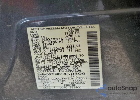 2008 Nissan Frontier Crew Cab Le z USA, uszkodzony, nr VIN 1N6AD07U88C450309